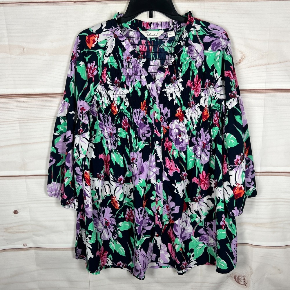 Caffe Marrakesh Top‎ Womens Medium Multicolor Blouse Smocked Tunic Button Up